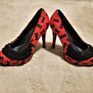 T.U.K. Red with Black Frills & Heart Bows Heels 8